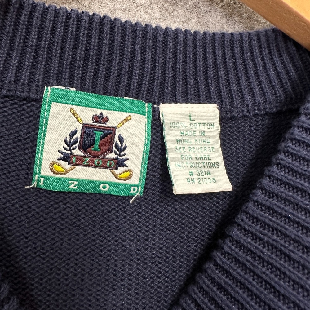 Vintage IZOD Sweater Men's Large Navy Cotton Golf Crest Crewneck 90s Preppy - Picture 5 of 10